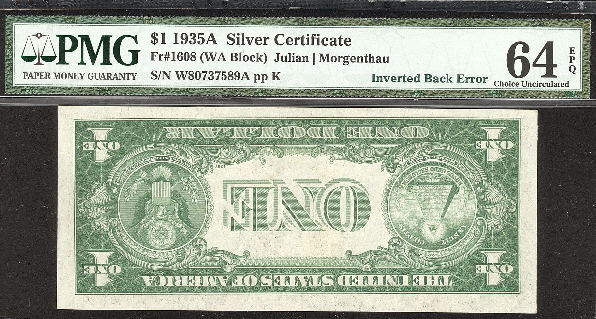 Inverted Back Silver Certificate Error, 1935A, Fr.1608, No Motto $1, W80737589A, vChCU, PMG-64, EPQ